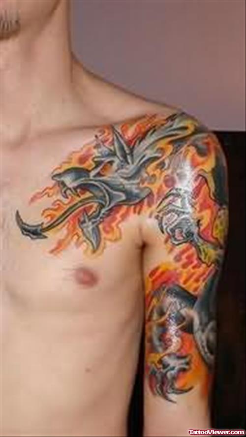 Terrific Fire and Flame Tattoo On Shoulder