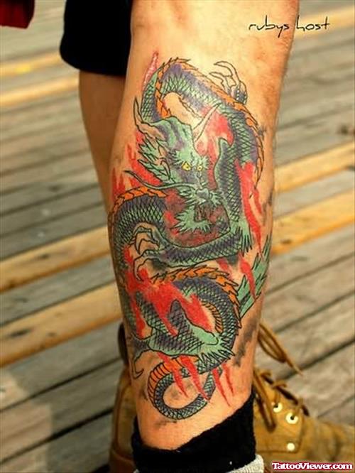 Flame Dragon Tattoo For Leg