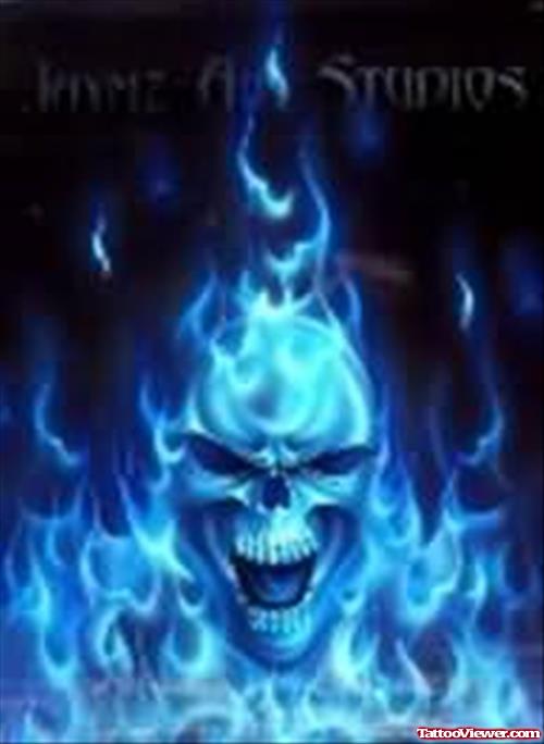 Blue Skull Flame Tattoo