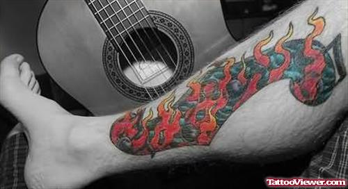 Fire and Flame Tattoo On Leg