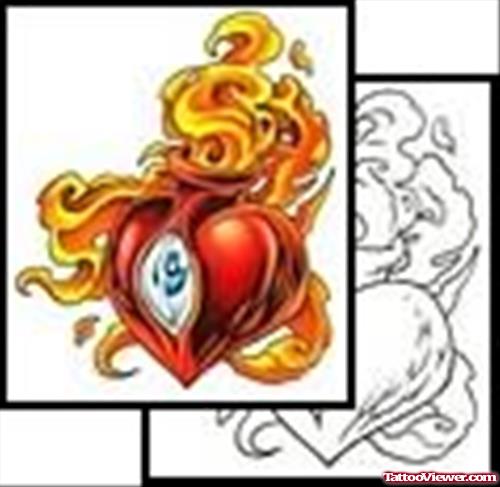 Hearts Flaming Tattoo Style