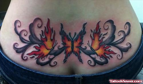 Flaming Butterfly Tattoo On Lower Waist