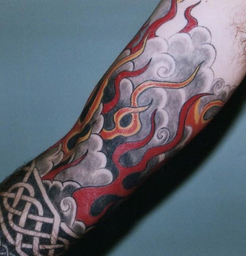 Celtic And Flames Tattoo On Sleeve
