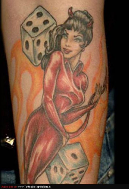Fire n Flame Lady With Dice Tattoo