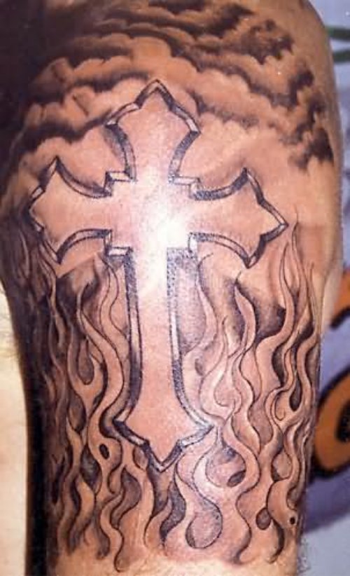Fire Flames And Cross Tattoo On Shoulder
