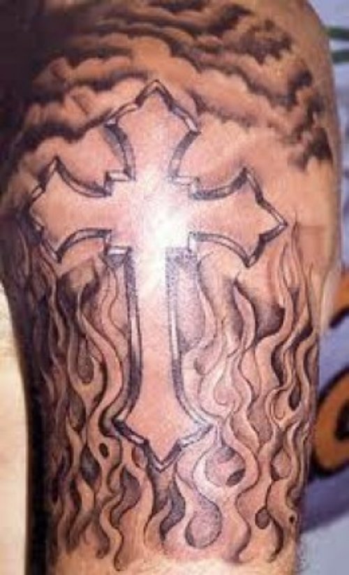 Grey Ink Cross In Flames Tattoo On Half Sleeve