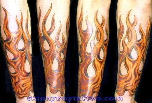 Awesome Colored Fire And Flame Tattoo On Sleeve