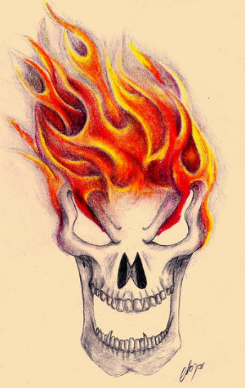 Flaming Skull Fire and Flame Tattoo Design