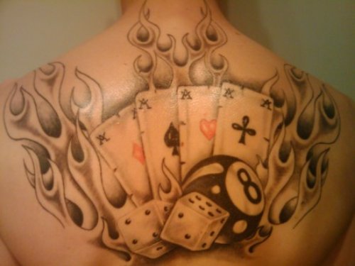 Flaming Cards Tattoos On Upperback