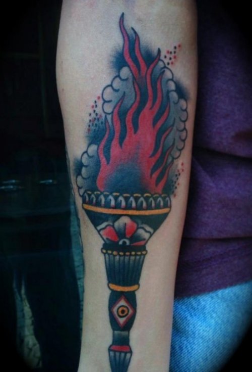Colored Fire and Flame Tattoo On Sleeve