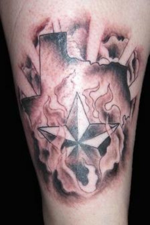 Grey Ink Nautical Star And Texas With Fire n Flame Tattoo