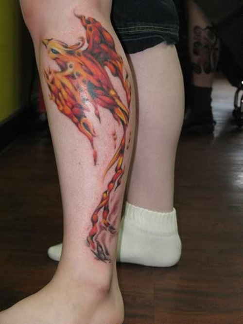 fire Bird Tattoo On Leg