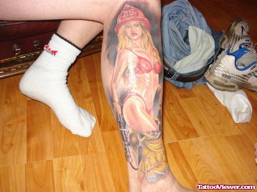 Color Firefighter Tattoo On Right Leg