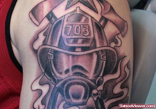 Grey Ink Firehighter Tattoo Left Shoulder