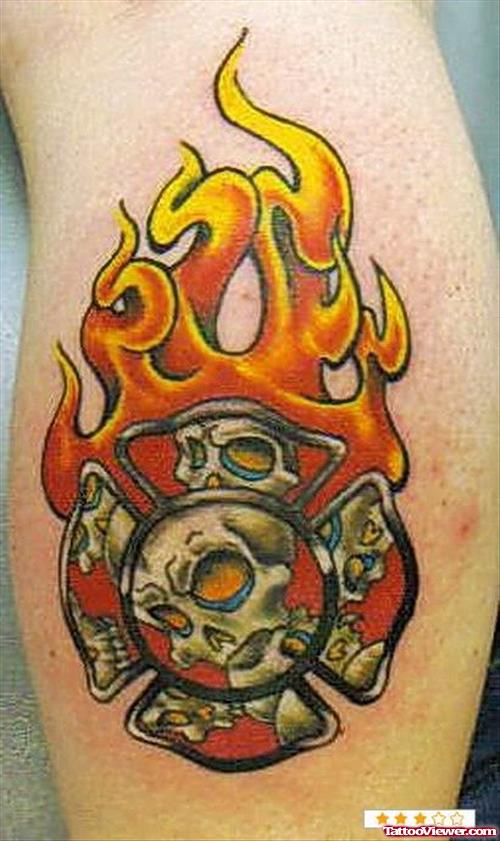 Flaming Firefighter Tattoo On Back Leg