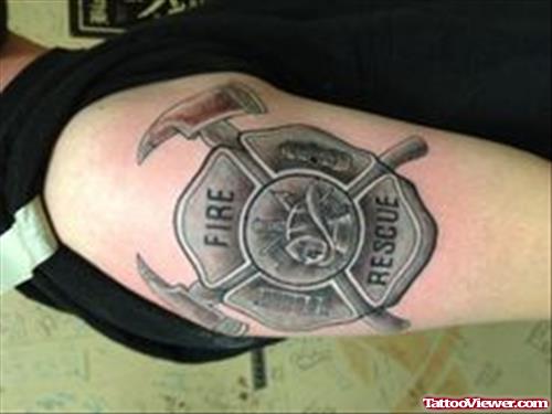 Awesome Grey Ink Firefighter Tattoo On Bicep
