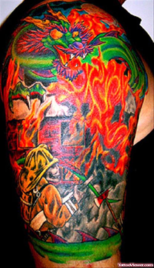 Awesome Colored Firehighter Tattoo On Right Half Sleeve
