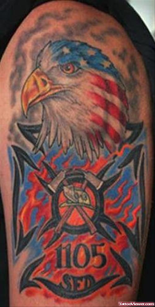 Awesome Color Eagle Head and Firefighter Tattoo On Half Sleeve