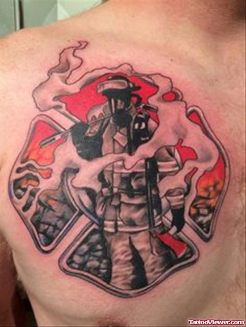 Attractive Firefighter Tattoo On Man Chest
