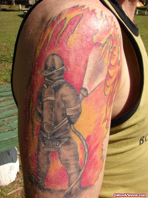Firehighter Working Tattoo On Half Sleeve