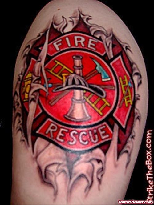 Ripped Skin Firefighter Tattoo On Left Shoulder