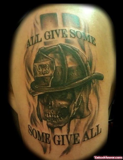 Grey Ink Flaming Firefighter Tattoo Design