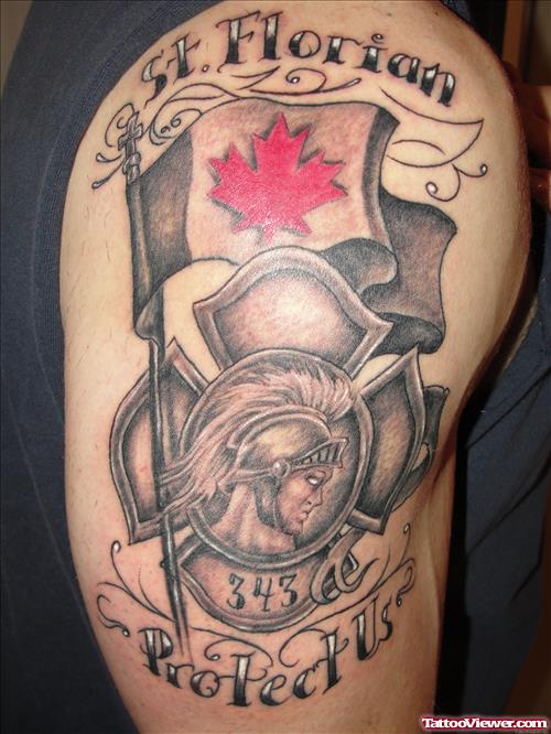 Grey Ink Firefighter Tattoo On Right Half Sleeve