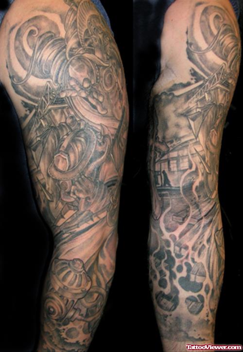 Grey Ink Firefighter Tattoo On Sleeve