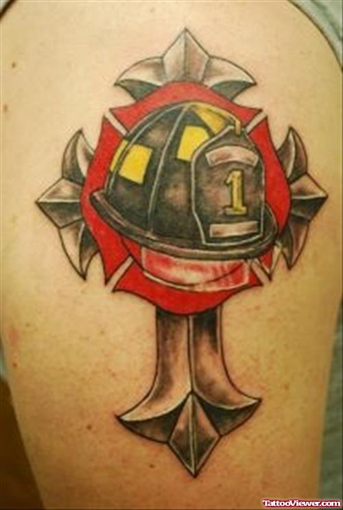 Grey Ink Cross And Firefighter Hat Tattoo