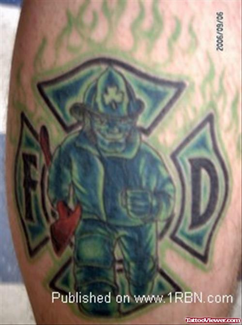Flaming Firefighter Tattoo On Biceps