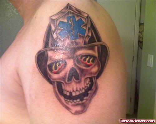Firefighter Skull Tattoo On Left Shoulder