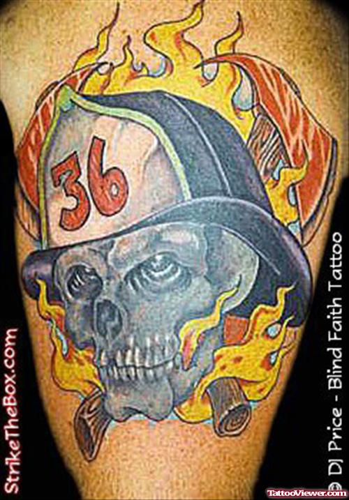 Firefighter Skull In Flames Tattoo