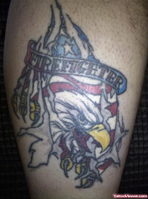 Eagle Head And Firefighter Tattoo On Leg