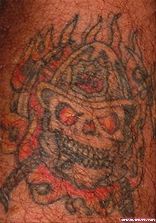 Awesome Firefighter Skull With Hat Tattoo
