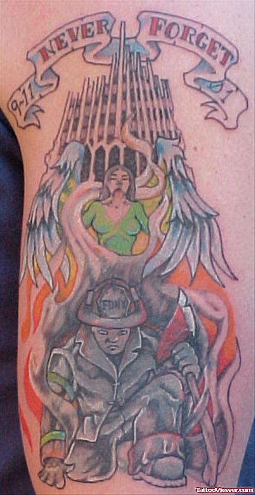 Never Forget Firefighter Tattoo On Half Sleeve