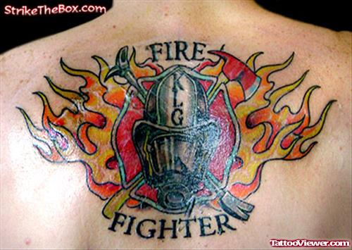 Impressive Firefighter Tattoo On Upperback