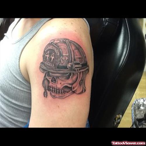 Grey Ink Firefighter Tattoo On Left Shoulder