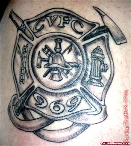 Grey Ink Firefighter Logo Tattoo