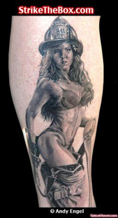Grey Ink Firefighter Girl Tattoo