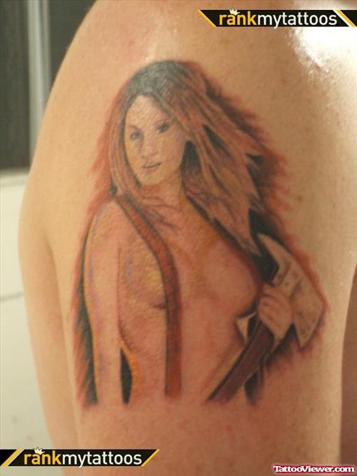 Grey Ink Firefighter Girl Tattoo On Half Sleeve