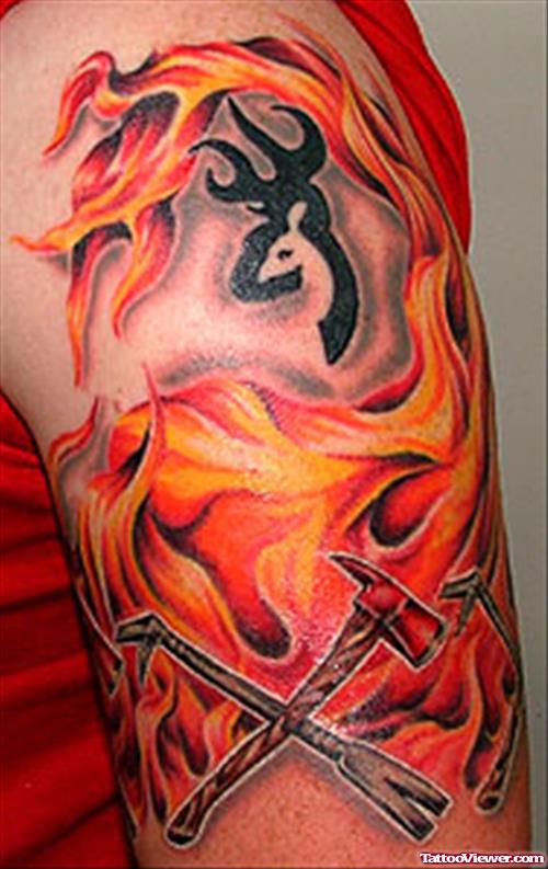 Flaming Tools Firefighter Tattoo On Half Sleeve