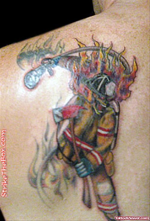Firefighter Tattoo On Back Shoulder