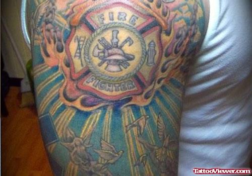 Cute Firefighter Tattoo On Half Sleeve