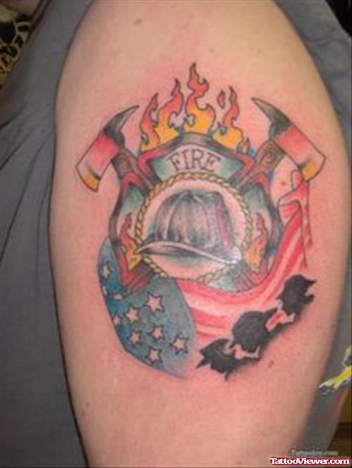 Crazy Firefighter Tattoo On Left Shoulder