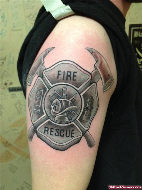 Grey Ink Firehighter Tattoo On Right SHoulder