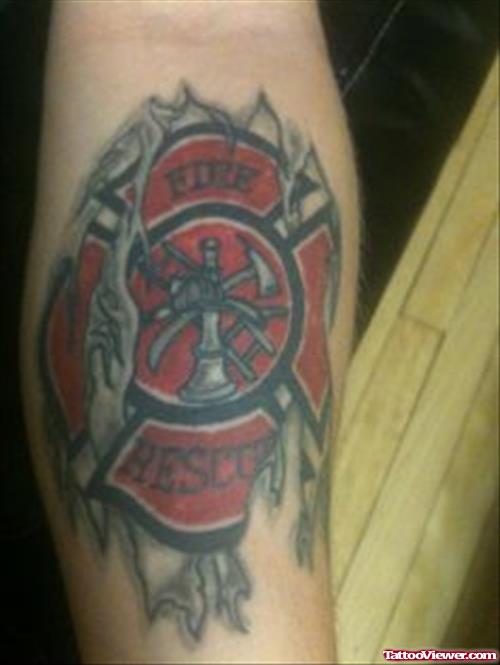 Grey Ink Falming Firefighter Tattoo