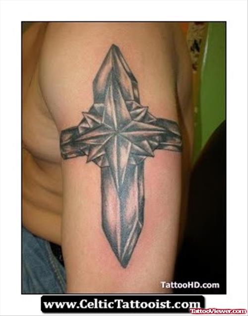 Grey Ink Cross Firehighter Tattoo On Half Sleeve