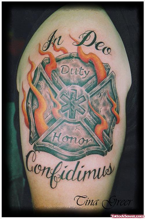 Great Firefighter Tattoo On Shoulder