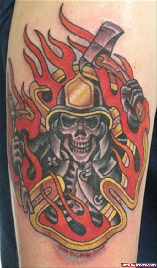 Flaming Firefighter Tattoo On Bicep