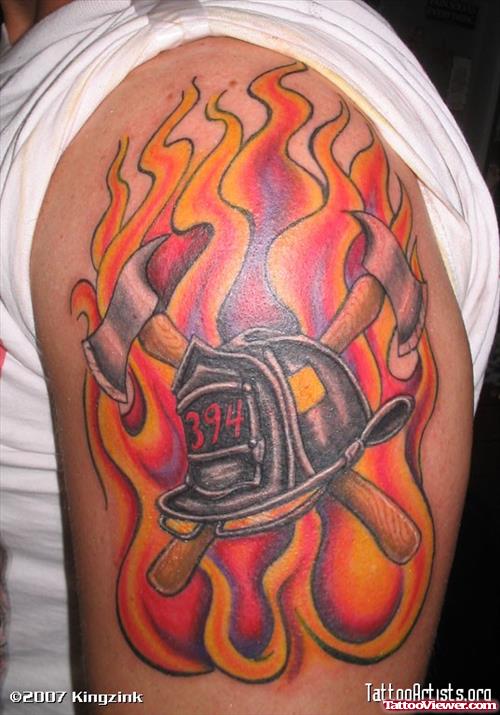 Flaming Firefighter Hat Tattoo On Half Sleeve